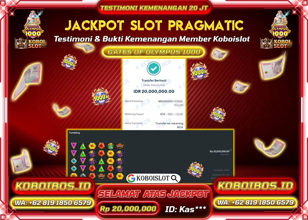 BUKTI KEMENANGAN ID Kas*** SLOT GACOR GATES OF OLYMPUS 1000 Rp20.000.000,- LUNAS